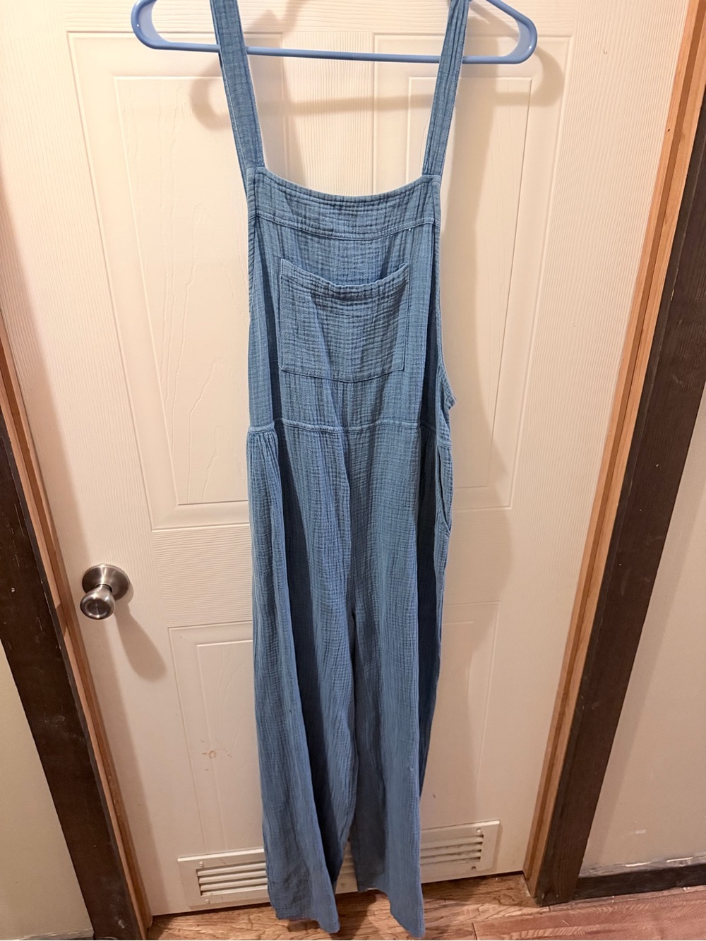 Light Blue Cotton Gauze Wide-Leg Jumpsuit with Bib Pocket